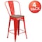 Flash Furniture High Red Metal Counter Height Stool with Back and Wood Seat, 24", PK4 4-CH-31320-24GB-RED-WD-GG - alternate 2